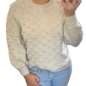 GAP Bobble Stitch Blouson Sleeve Crew Neck Sweater Heather Beige/Gray Sz XL